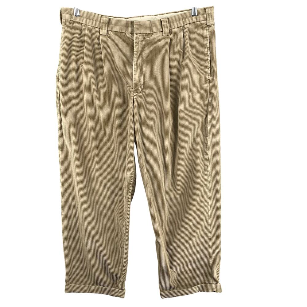 Vintage LL Bean Corduroy Pants Mens 38 x29 Beige Pleated Jumbo Cord Straight Leg